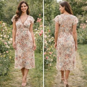 Believe Floral Chiffon Midi Dress Women's 10 Cream Beaded V Neck Lined Feminine